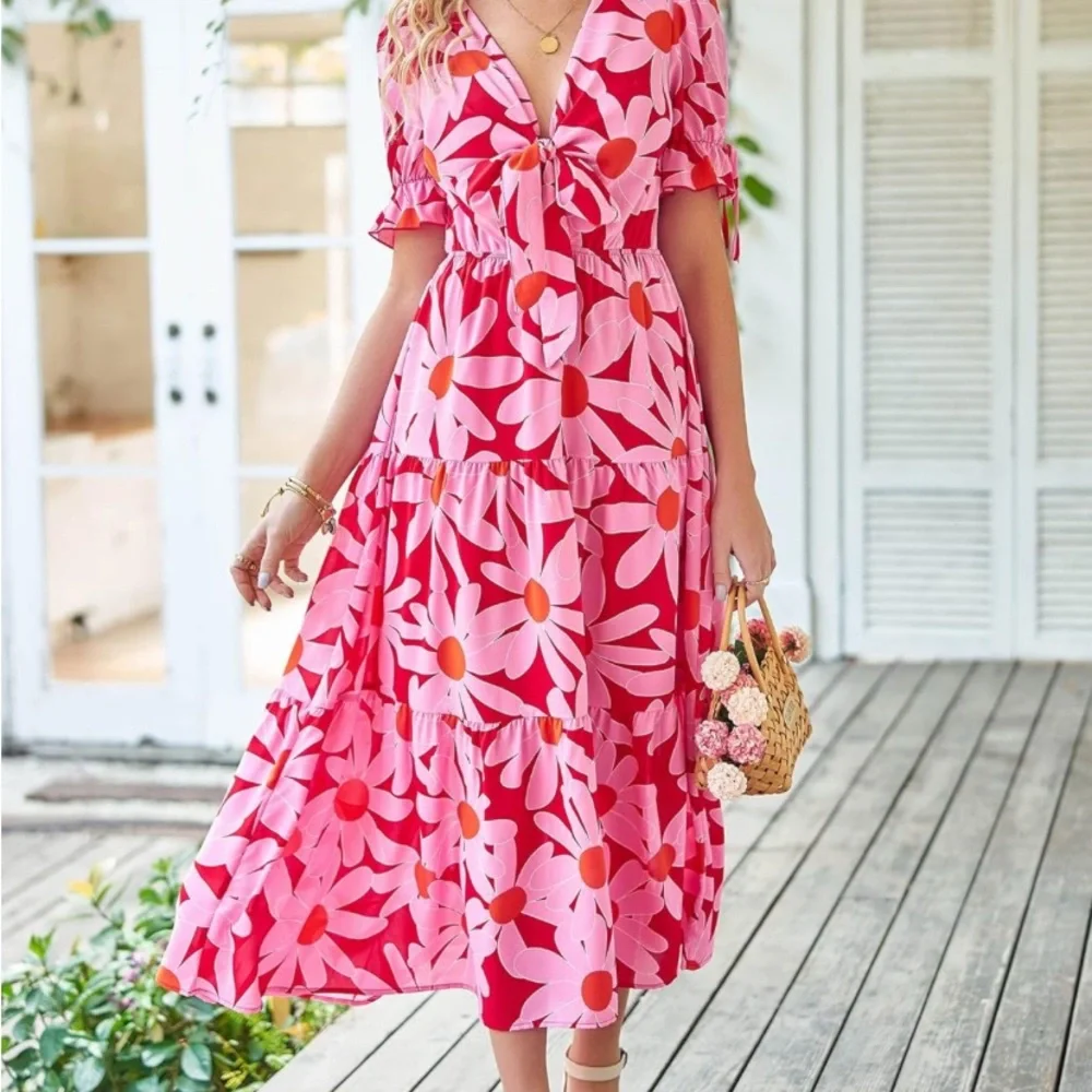 BTFBM Women's XL Summer Boho Dress Tie Front Deep V Neck Cutout Floral Pink Red - Picture 2 of 9